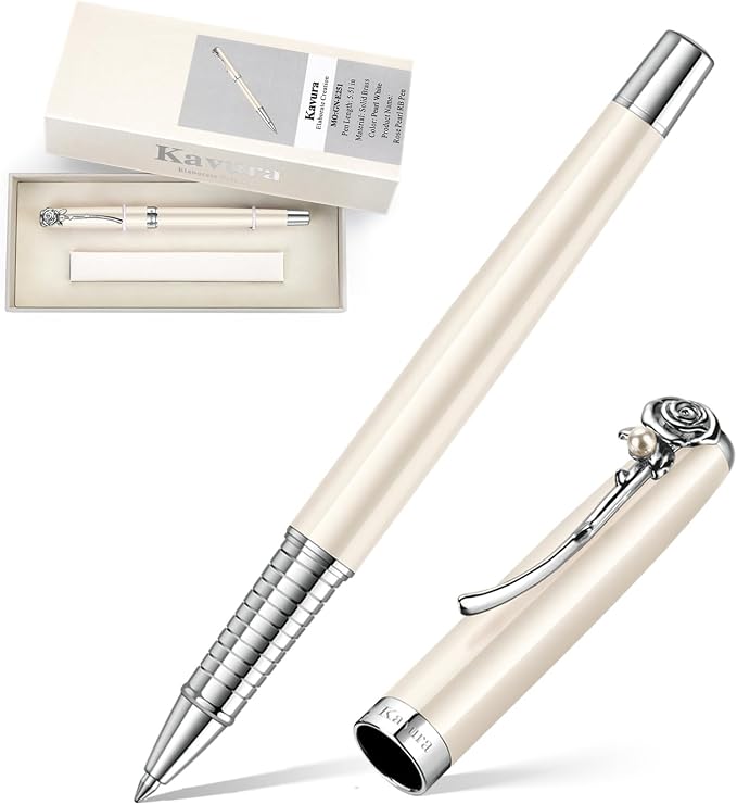 Rose & Pearl Rollerball Pen – Luxury Brass Pen Gift Set for Women, Jewelry-Inspired Design, Glossy Finish, with German Refill, Romantic Gift for Her, Anniversary & Valentine’s Day (Pearl White)