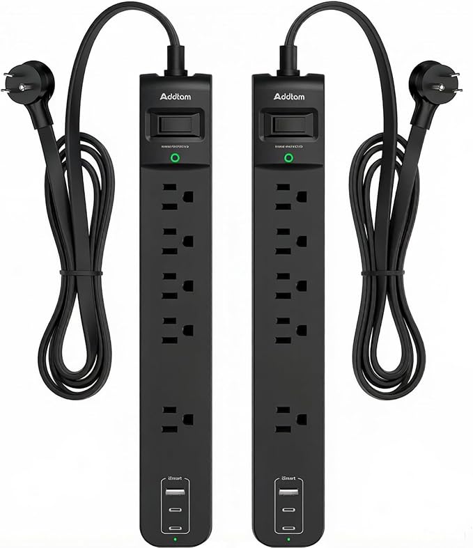Addtam 2 Pack Power Strip Surge Protector – 5 Wide Spaced Outlets 3 USB (2 USB-C) Charging Ports, 1875W/15A, 6ft Extension Cord, Flat Plug, Overload Surge Protection, Wall Mount for Home, Office Dorm