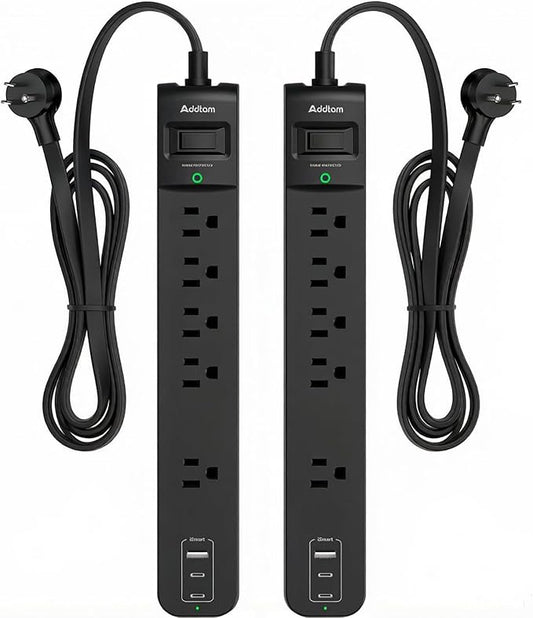 Addtam 2 Pack Power Strip Surge Protector – 5 Wide Spaced Outlets 3 USB (2 USB-C) Charging Ports, 1875W/15A, 10ft Extension Cord, Flat Plug, 1080J Surge Protection, Wall Mount for Home, Office & Dorm