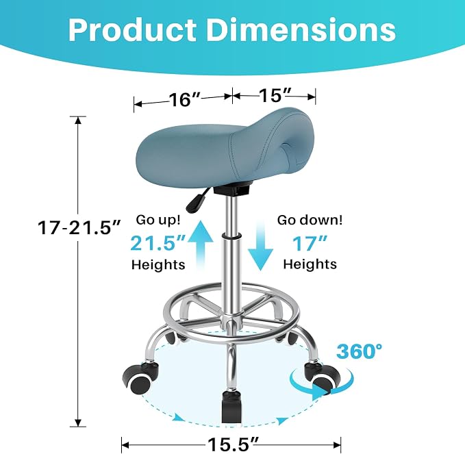 YEEZEE Saddle Stool Ergonomic, Saddle Chair with Wheels, Blue | Comfortable Wide Thick Saddle Seat Padding, 360°Swivel, Adjustable Height, Ring Pedal Design, for Medical Massage Salon Spa