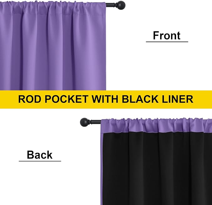 NICETOWN 100% Blackout Curtains for Nursery, Lilac Purple W52 x L84 Set of 2 Light Blocking & Soundproof Drapes,Rod Pocket Black Lined Window Treatment Panels