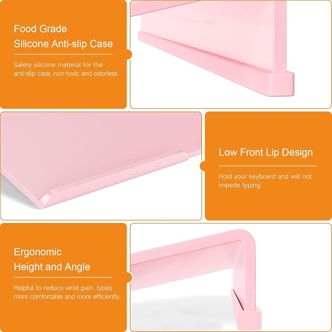 BEEGO Ergonomic Computer Keyboard Stand - Pink Acrylic Keyboard Riser Tilted Keyboard Holder Keyboard Tray with Pink Non-Slip Strip for Easy Typing at Home School Office Desk Accessories