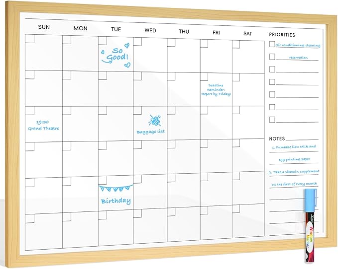 Large Acrylic Calendar for Wall, 24" X 18" Wood Grains Frame Clear Acrylic Wall Calendar, Clear Wet & Dry Erase Board Hanging Monthly Planner for Office, Home or School