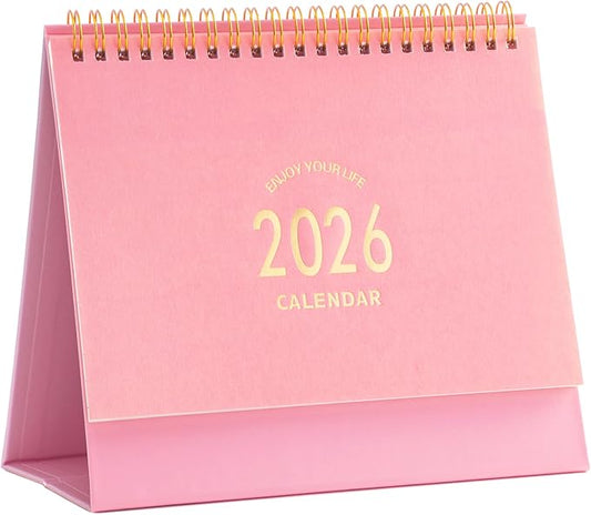 Small Desk Calendar 2026-2027, Standing Flip Desktop Calendar from January 2026 to June 2027 - Metal Ring Twin-Wire Binding Monthly Desktop Calendar for Home Office School (Pink)