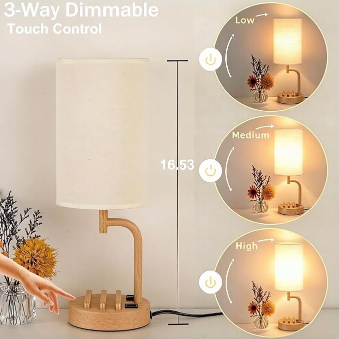 Dreamholder Touch Control USB Table Lamp with USB C/A & AC Outlet, 3-Way Dimmable Bedside Lamp, Modern Nightstand Lamps for Bedroom Living Room Guest Room Office, Bulb Included, Woodgrain