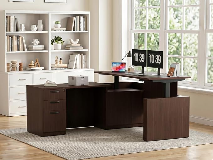 100.4'' U Shaped Executive Standing Desk with Pre-Assembled Frame & Lockable Cabinets, Height Adjustable Desk Dual-Motor Sit-Stand Workstation for Corporate & Home Office (Espresso-U)