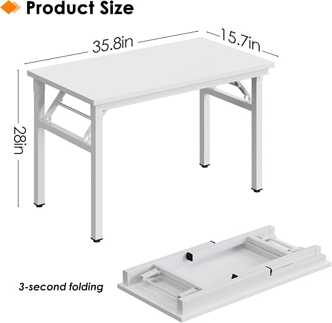 Need 35.8 Inch Folding Desk for Small Spaces, Home Office Computer Desk with Wood Top & Black Frame, Foldable Writing Table for Study, Bedroom, Dorm Room & Student, White