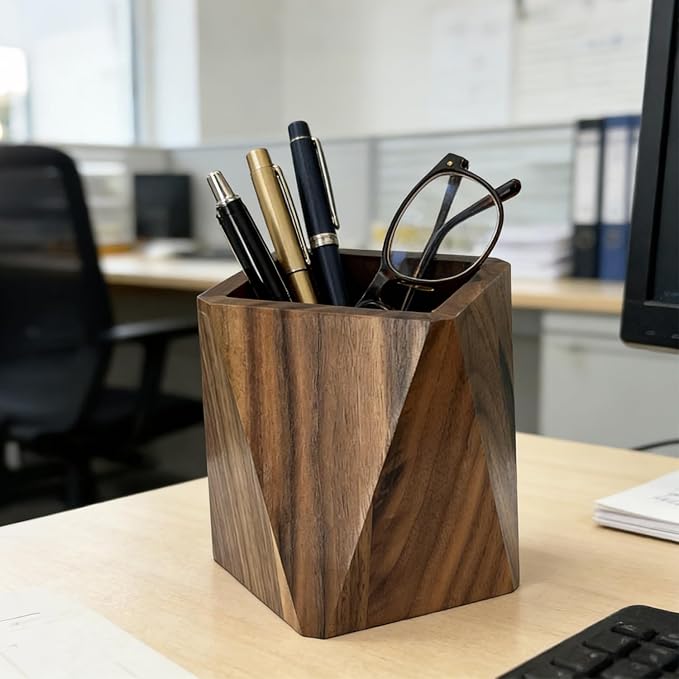 Pen Holder for Desk - Black Walnut Wooden Pen Organizer, Prismatic Shape Writing Stationary Organizer for Multiple-Use Office and School Supplies Storage