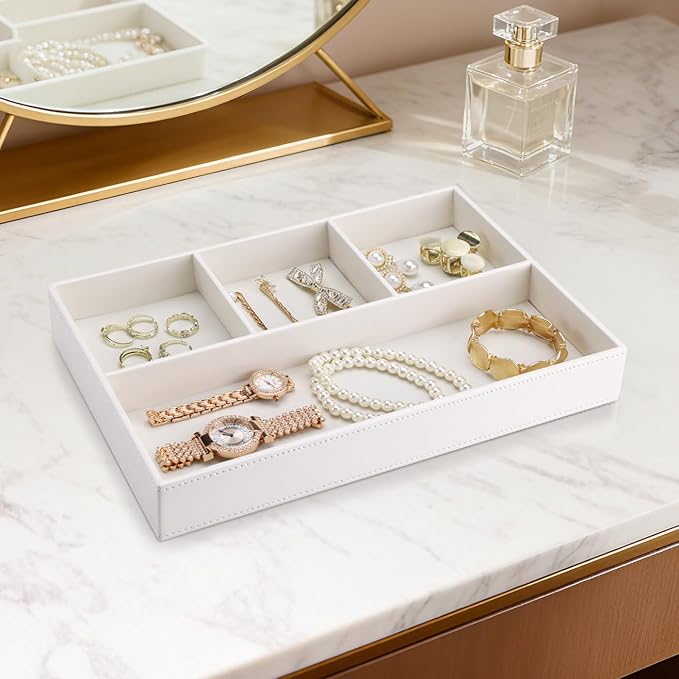 PU Leather Desk Drawer Organizer, 4 Compartment Office Supplies Stationery Storage Tray, Desk Organizers and Accessories Drawer Organizer Tray for Home, Makeup, Jewelry Stackable White