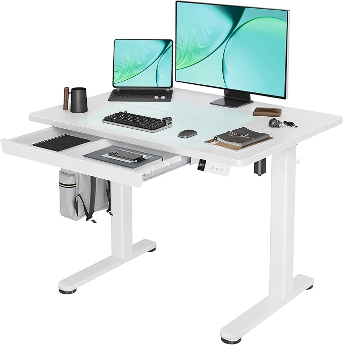 Claiks Electric Standing Desk with Drawer 40 Inch White | Sturdy steel frame supports 176 lbs, 28.35-46.46 inch height range, 3 preset buttons, 45 dB motor, 2 hooks