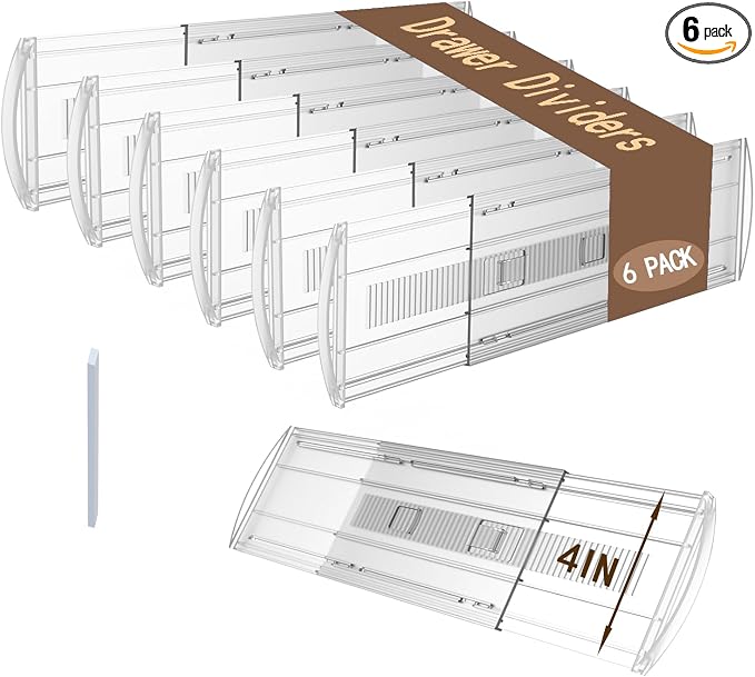 6 Pack Adjustable Drawer Dividers for Clothes,4" High Expandable From 13-21" Clear Drawer Organizers, PC Plastic Separators for Dresser/Bedroom/Bathroom/Kitchen/Office Storage