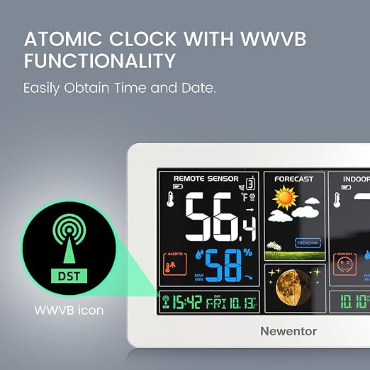 Newentor Weather Station Wireless Indoor Outdoor Thermometer, White,3Sensor | Color Display Digital Weather Thermometer with Atomic Clock, Barometric Pressure, Forecast Station with Adjustable Backlight