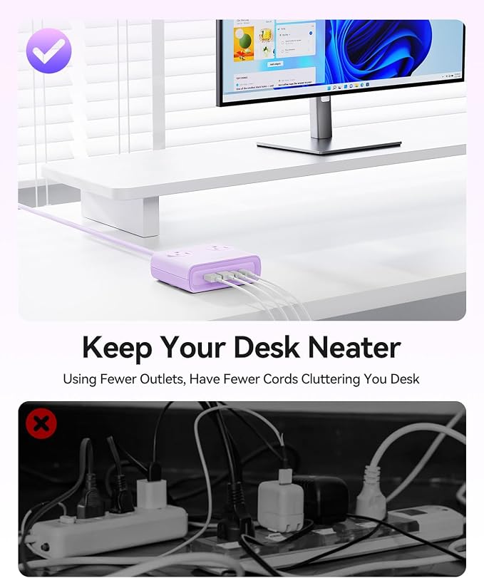 ORICO Power Brick, 25W GaN Power Strip, 8 in 1 Extension Cord with 4 AC Outlets and 2 USB-A and 2 USB-C Ports, 5ft Flat Plug Purple Outlet Extender for Home/Dorm/Travel ETL Listed-PDC (1 PC)