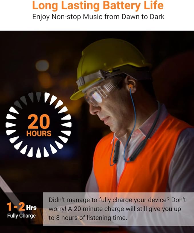 HomeSpot Noise Reduction Wireless Neckband Headphones with Qualcomm aptX HD, 27dB NRR, CVC Noise Cancelling Mic & Controls and 20H Playtime for Work Safety OSHA Compliant - Blue Wire Orange Earbuds