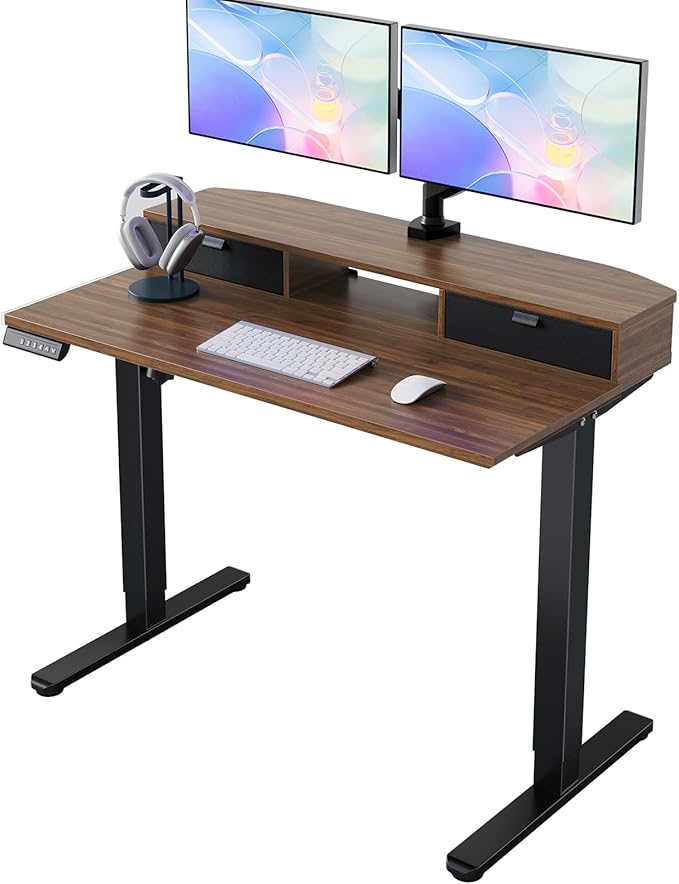 HUANUO 40 x 24 inch Small Electric Standing Desk with 2 Drawers, C-Clamp Mount Compatible, Height Adjustable Sit Stand Desk, Home Office Stand Up Desk with 4 Memory Height Settings, Walnut