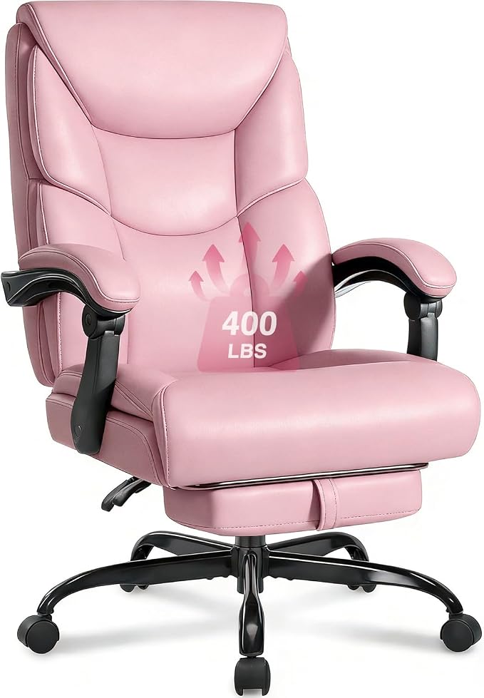 WAILOR 400lbs Office Chair with Foot Rest, Reclining Big and Tall Office Chair with Lumbar Support, High Back PU Leather Computer Chair,Comfy Desk Chair for Home Office (Pink)