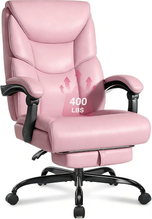 WAILOR 400lbs Office Chair with Foot Rest, Reclining Big and Tall Office Chair with Lumbar Support, High Back PU Leather Computer Chair,Comfy Desk Chair for Home Office (Pink)