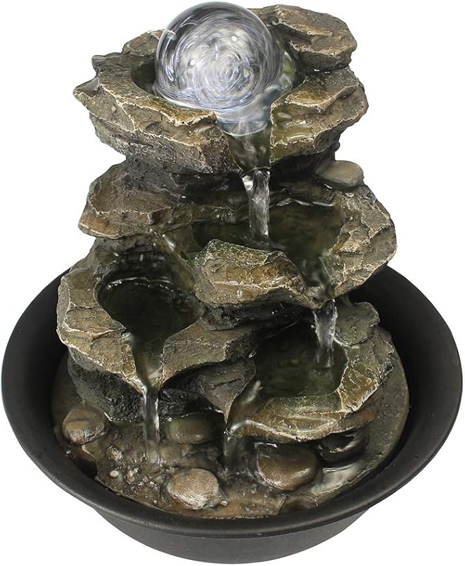 8.3” High Tabletop Water Fountain with Rotating Crystal Ball and LED Light, Indoor Zen Waterfall Decor for Home Office Bedroom Meditation Relaxation
