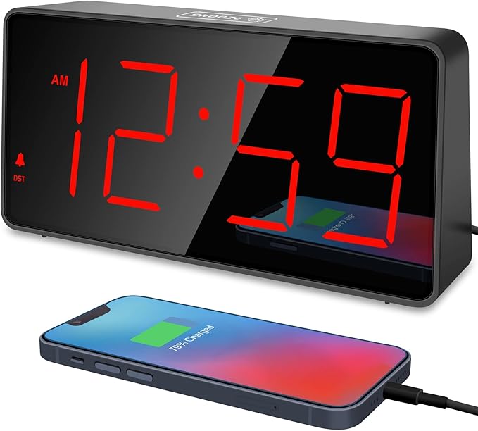 Peakeep Digital Alarm Clock for Bedrooms Bedside, Loud for Heavy Sleepers | Large Big LED Numbers Dimmable for Seniors, Battery Backup Plug in Electric Clock with USB Charger(Red)