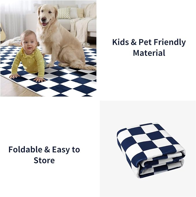 Terrug Navy and White Checkered Rug for Bedroom,3x5 Area Rugs Washable with Non Slip for Living Room,Soft Low Pile Stain Resistance Retro Carpet for Dorm Kids Room
