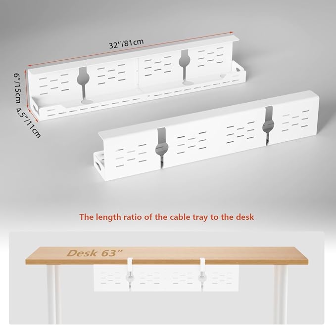 Univivi Under Desk Cable Management Tray - 32" Steel Cord Organizer, No-Drill C-Clamp & Screw Mount for Office/Home, Effortless Wire Management (White)
