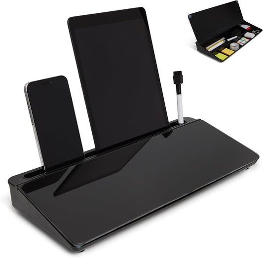 GAROOD Desktop Dry Erase Board with Storage Black Color Dry Erase Board Desk Board Glass Desktop Board with Stand Home Office Desk Organizer Phone Holder 15.8X7X2 inches