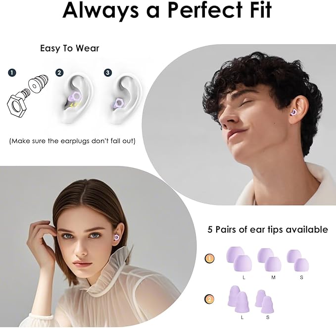 Ear Plugs for Sleeping Noise Cancelling,Reusable Silicone Earplugs with Carrying Case,Ear Plugs for Noise Reduction for Sleep,Noise Sensitivity,Travel,Focus - 5 Pairs Ear Tips in S/M/L