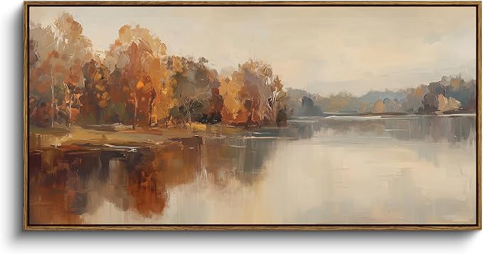 InSimSea Extra Large Framed Vintage Fall Wall Art, Living Room Country Farmhouse Decor, Autumn Lake Landscape Canvas Prints, Retro Scenery Long Pictures for Bedroom Above of Bed, 20x40inch