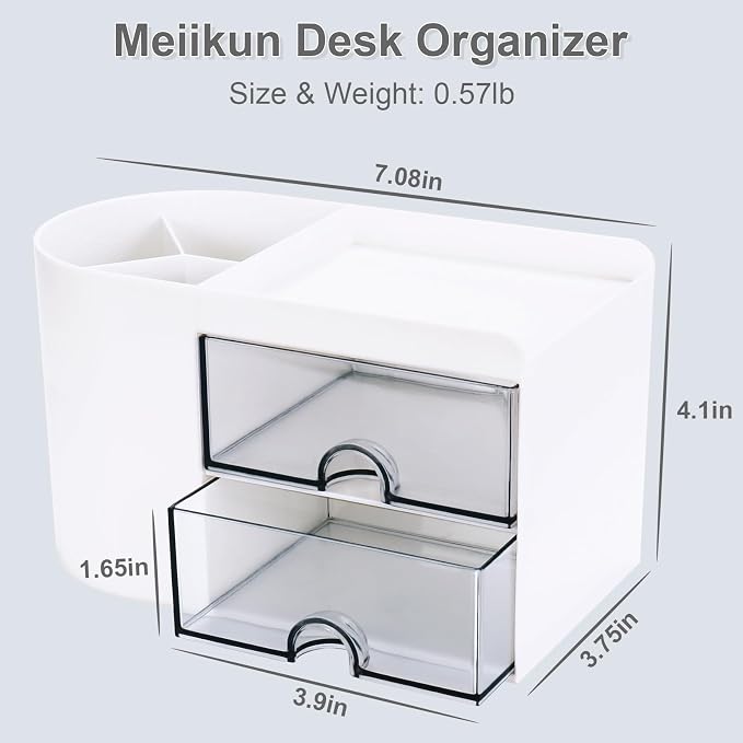 Meiikun Desk Organizer with Drawer, Pen Organizer for Desk, Small Pencil Holder, Desk Organizers and Accessories for Office Home Storage (2 Drawers+4 Compartments, White)