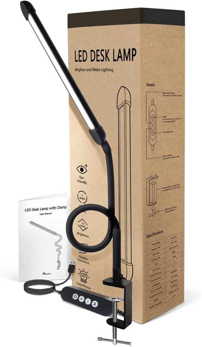 Metal LED Desk Lamp with Clamp, 12W USB Powered Desk Light, 18" Flexible Gooseneck, 3 Color Modes, 10 Brightness Levels, Eye-Caring Lamp for Study, Reading, Work, Home Office, Black