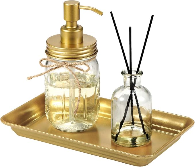 SheeChung Metal Vanity Tray, Bathroom Tray for Perfume Makeup Jewelry, Gold | Gold Farmhouse Vintage Bathroom Decor Accessories,Countertop Storage Organizer for Hand Towel Candle Skincare Soap, 9.9"x5.9"