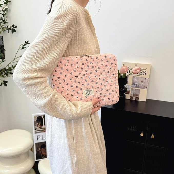 Cute Laptop Sleeve 13-15 inch Laptop Case Aesthetic Quilted Laptop Sleeve Computer Bag with Flower Printing for MacBook (A-Pink, 13inch)