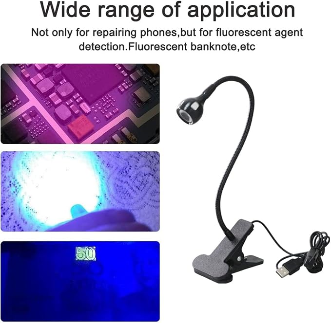 USB 3W Blacklight Fixture with Gooseneck and Clamp, 395NM LED Black Light, Portable UV Glue Curing Lamp, Black Light Lamp for Posters, Art Resin Curing, Blacklight Party, Face Paint