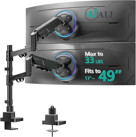 WALI Vertical Dual Monitor Stand for 17-49 inch Ultrawide Curved Screens, Heavy Duty Stacked Dual Monitor Mount with Tall Pole, Adjustable Gas Spring Monitor Arm up to 33lbs, 75/100mm VESA, Black