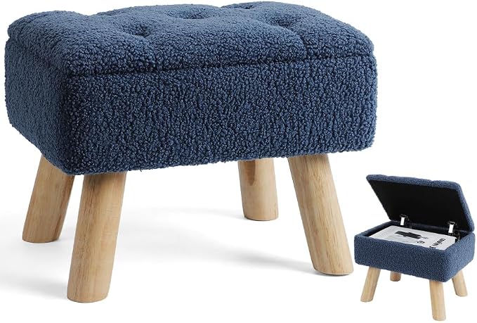 OGEMXU Storage Ottoman, Small Foot Stool Ottoman with Storage, Boucle Teddy Velvet Foot Rest with Padded Seat, Sturdy Wood Legs Stool for Living Room, Bedroom, Couch, Enterway (Dark Blue)