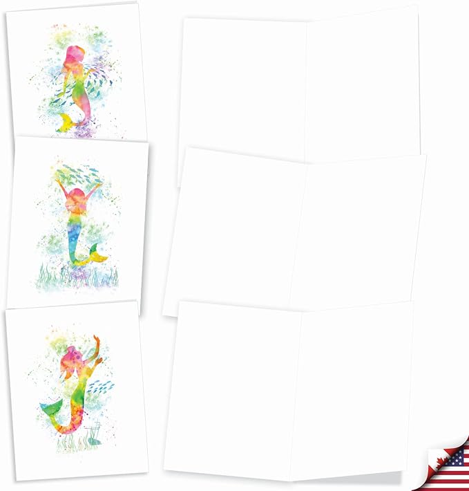 The Best Card Company Assorted Watercolor Blank Greeting Card Box Set - Incl. 10 Notecards + Envelopes, 10 Unique Designs for Thank You, Invitations, More - Funky Rainbow Mermaids AM6863OCB-B1x10