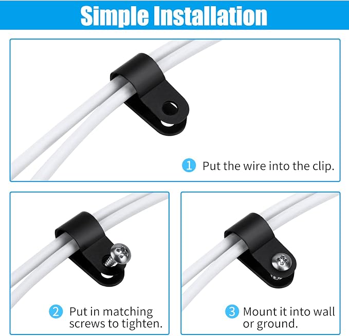 VIPMOON 100Pcs 3/8 Inch R-Type Cable Clamps, Nylon Plastic Cable Clips with Screws, Mounting Cord Fasteners for Electrical Wire Clamps Management, Black