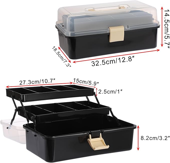 BTSKY 3-Layer Plastic Dividing Storage Box Craft Organizer and Storage | Portable Handled Art Supply Organizer with Adjustable Spacers Multipurpose Home Utility Box for Medicine Sewing(Black+Beige)