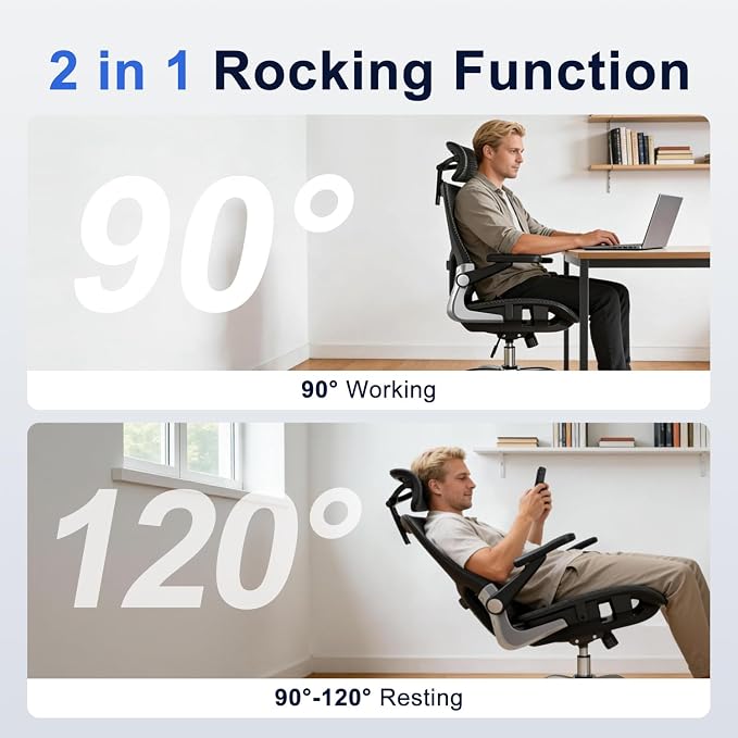 marrap Ergonomic Office Chair, Mesh Desk Chair with 3D Armrests, Adjustable Lumbar Support and Headrest, 90-120° Rocking Function, Black