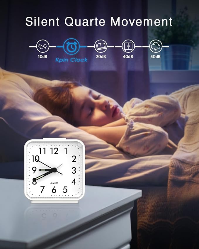 AMIR Analog Silent Non Ticking Small Clock, Travel Analog Alarm Clock | Snooze & Light, Ascending Beep Sounds, Battery Operated Loud Alarm Clock for Bedroom