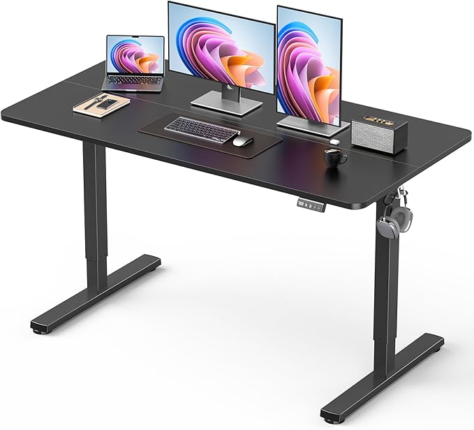 48" Electric Standing Desk Adjustable Height, Sit Stand up Desk for Home Office & Computer Workstation, 2 Memory Height Settings, Splice Board, 2 Hooks, Black Frame/Black Top