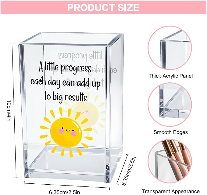 A Little Progress Each Day Can Add Up To Big Results Acrylic Cosmetic Pencil Pen Holder Cup, Inspirational Sun Desk Organizer for Classroom Office, Motivational Gifts for Women Girl Therapist
