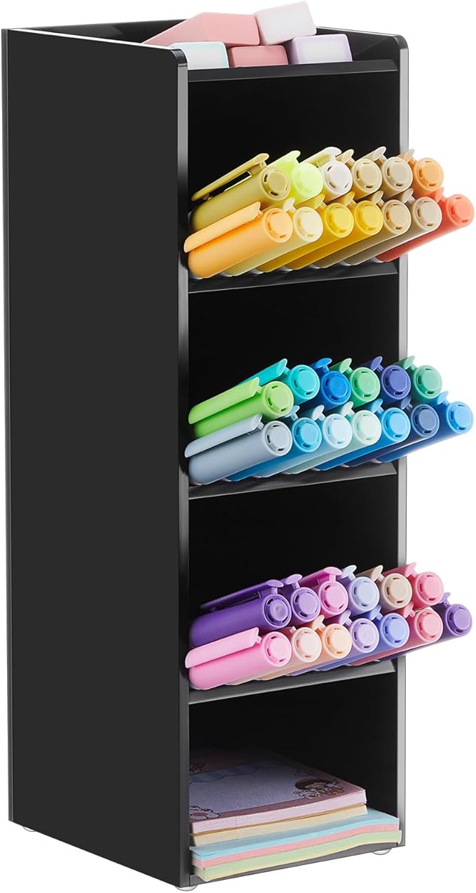 MotiMind Acrylic Pen Organizer Storage for 50 Markers Vertical Marker Organizer Acrylic Pen Display Holder for Office Desk Desktop Stationery Pencil Storage, Black, 3.4 x 4 x 10.2 Inch