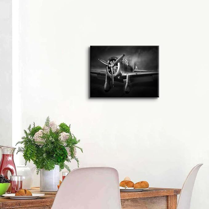 Airplane Propeller Wall Art Men Office Wall Decor Vintage Aircraft Picture Black and White Canvas Prints Artwork Fighter Poster Modern Aviation Military Painting for Home Bedroom Decoration 12x16"