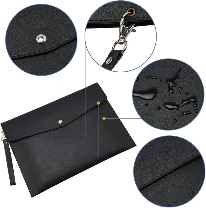 Wonderpool A4 PU Leather Envelope Documents File Portfolio Large Capacity Folders Travel Bag for Paper Letter Stationery Organizer and Tablet Case PC Sleeve (Black)
