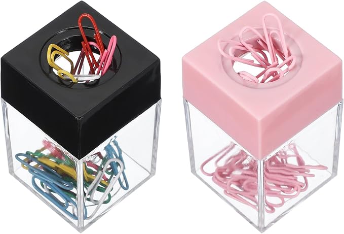 PATIKIL Magnetic Paper Clip Holder Dispenser, 2Pcs Large Capacity Paper Clip Organizers with Magnetic Top for Desk Supplies, Office, Classroom, Home, Pink/Black(36Pcs, Multicolor Clip)