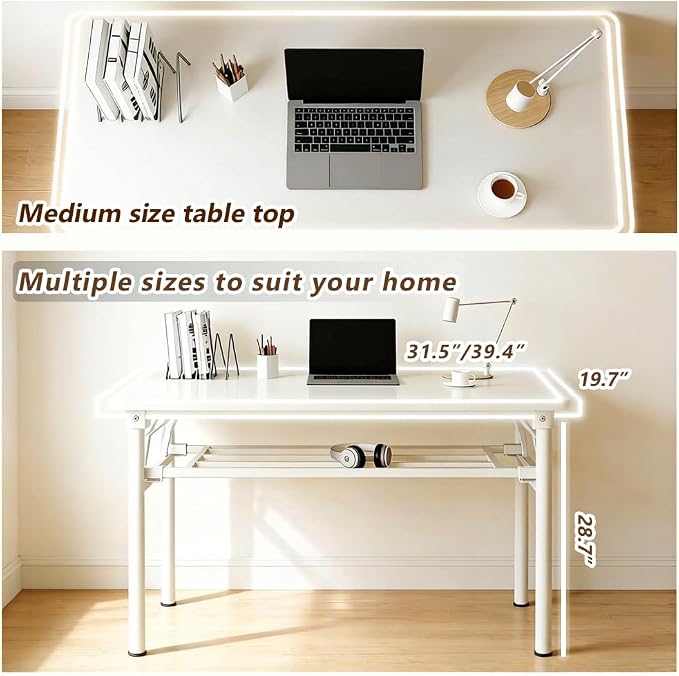 Folding Desk for Small Spaces, 31.5 Inch Foldable Computer Desk, No Assembly Required, Space Saving Portable Study Table for Compact Home Office, Bedroom, Dorm, Apartment, White