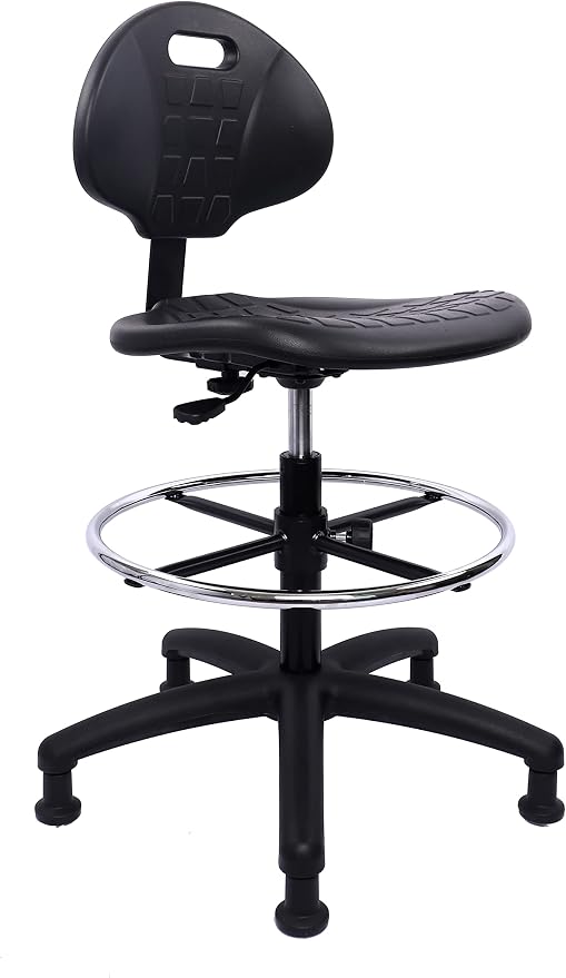 Heavy Duty Durable Drafting Stool - Easy to Clean! Ergonomic Polyurethane Chair. Seat Height Adjustable w/Footring for Home, Automotive, Lab, Cleanroom (Non-Rolling Glides, Tall Stool).