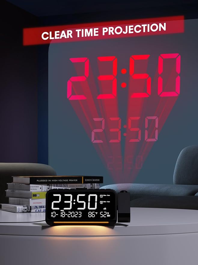 Mesqool Projection Alarm Clock Ceiling Display, with Temperature, Humidity | Dual Alarms, 5-Level Dimmer, Date, Night Light, Weekday/Weekend Mode, 12/24H, DST, , Snooze, 180° Rotatable, for Bedroom