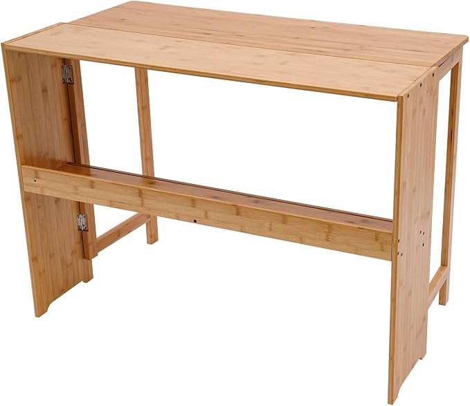 Modern Folding Desk, Small Computer Table Writing Desk Laptop Desk Vanity Table Bamboo Workstation with Bookshelf for Home Office